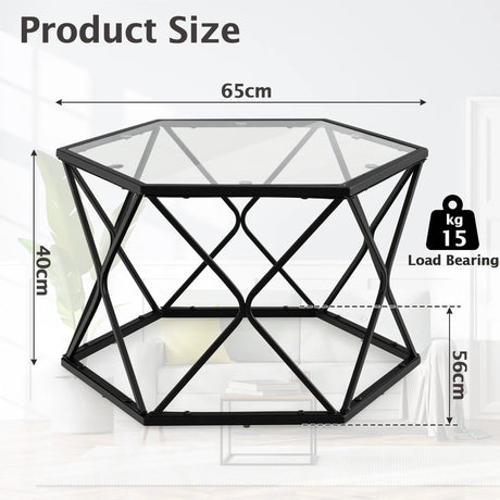 Geometric Coffee Table with Tempered Glass Top & Metal Legs