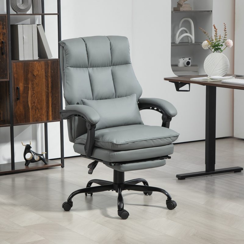 HOMCOM Faux Leather Reclining Office Chair, with Footrest - Grey