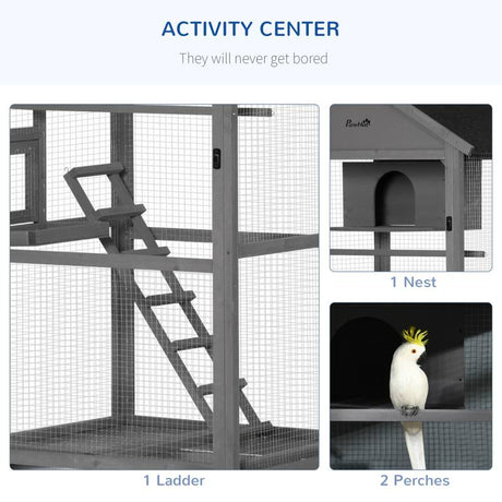 PawHut Bird Cage budgie cage Wooden Outdoor Aviary with Wheels  for Canary Finch with Asphalt Roof Perch Nest Ladder Slide-out Tray, Grey