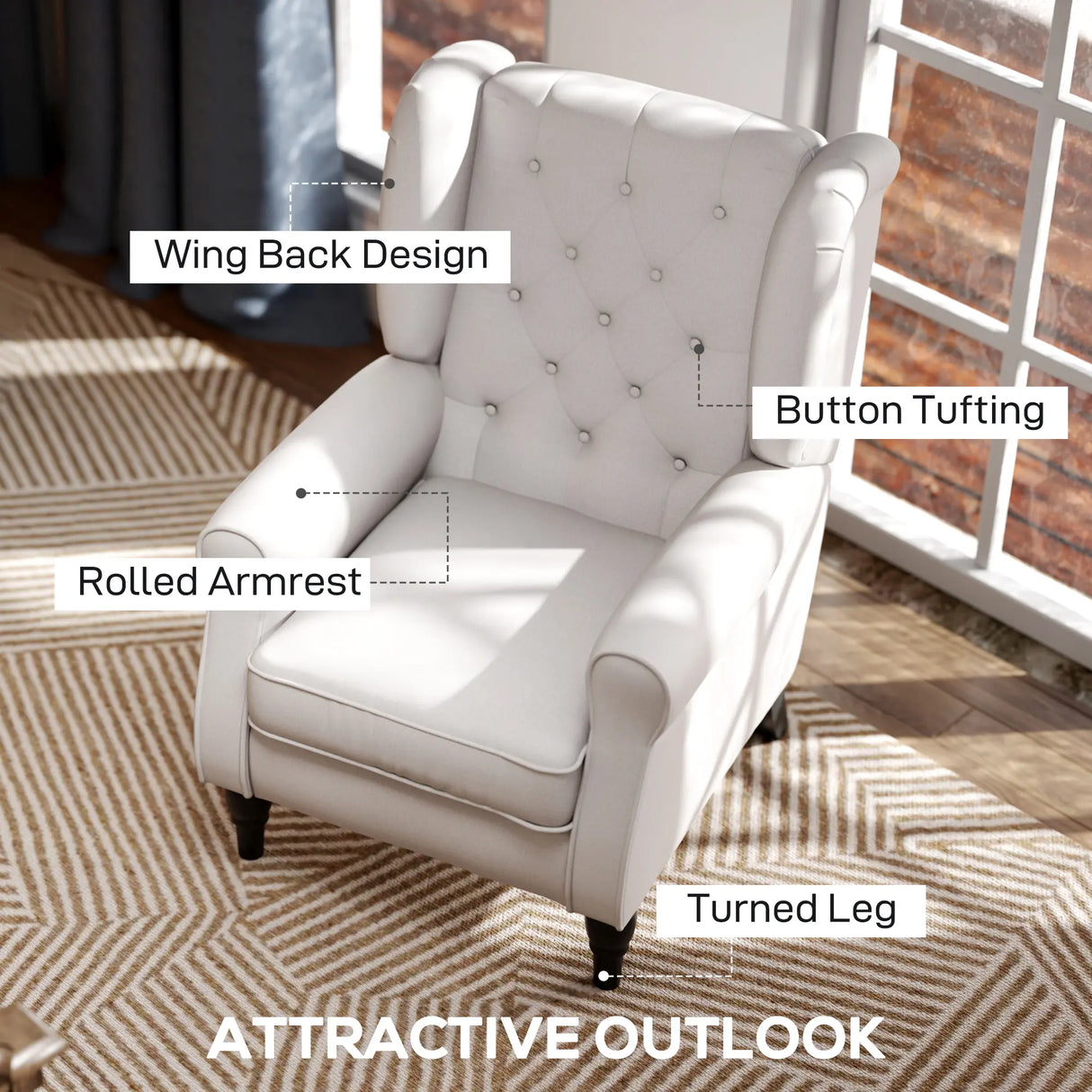 HOMCOM Wingback Accent Chair, Retro Upholstered Button Tufted Occasional Chair for Living Room and Bedroom, Cream White