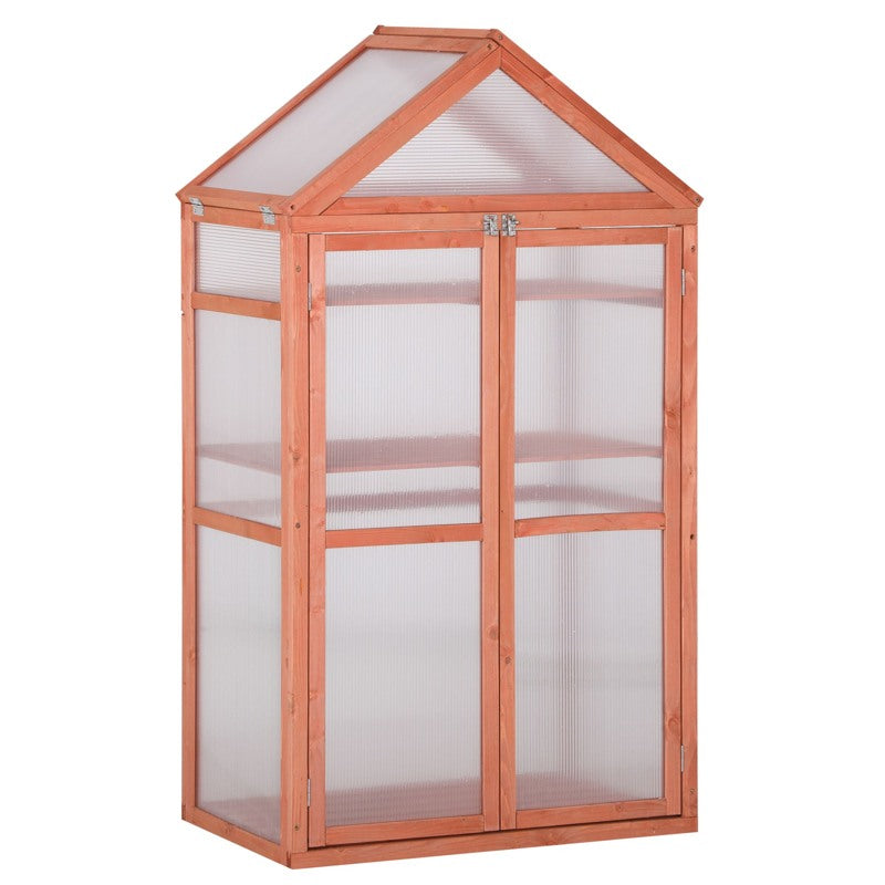 Outsunny Garden Cold Frame Polycarbonate Greenhouse with Adjustable Shelves, Double Doors, Openable Top Covers, Grow House for Flower Vegetable Plants, 80 x 47 x 138cm, Orange