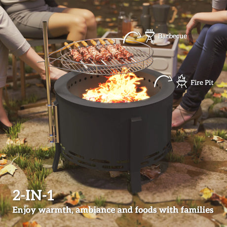 Outsunny Portable Fire Pit, 58 cm Round Firepit with Grill Grate, Fire Bowl with Ash Catcher and Poker, Fire Pit BBQ for Garden Camping Bonfire Picnic, Black