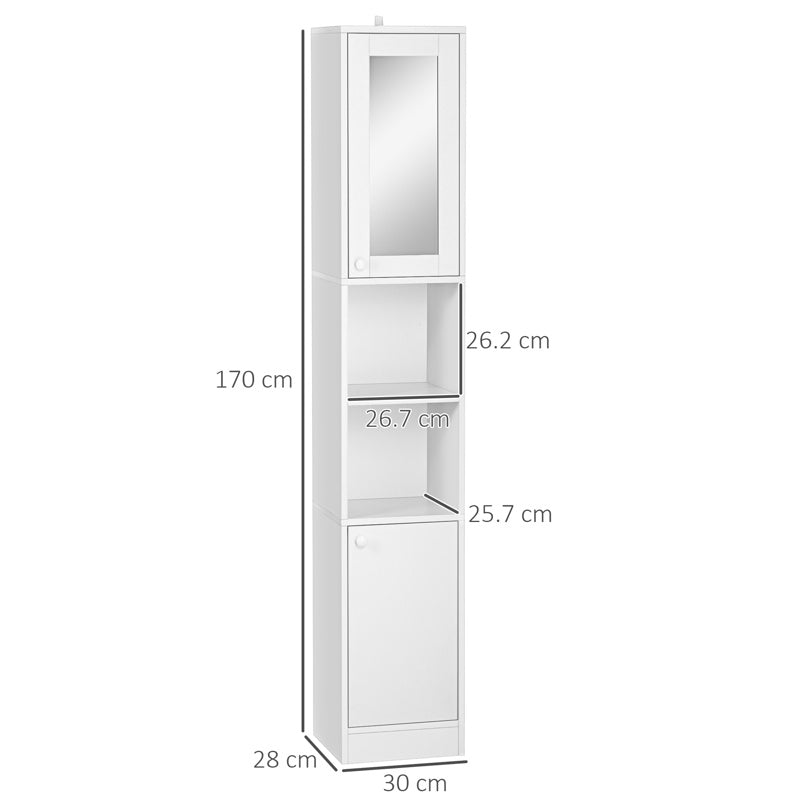 kleankin Tall Bathroom Storage Cabinet with Mirror, Narrow Bathroom Unit, Freestanding Bathroom Cupboard with Adjustable Shelves and 2 Doors, White