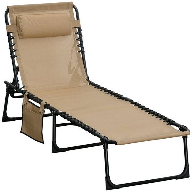 Outsunny Portable Sun Lounger, Folding Camping Bed Cot, Reclining Lounge Chair 5-position Adjustable Backrest with Side Pocket, Pillow for Patio Garden Beach Pool, Beige