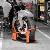 HOMCOM Motorcycle Wheel Chock, 816.5 kg Capacity Heavy Duty Steel Motorcycle Front Wheel Chock Holder with 3 Height Adjustable Holes, Fits 381-533.4 mm Wheels, Orange