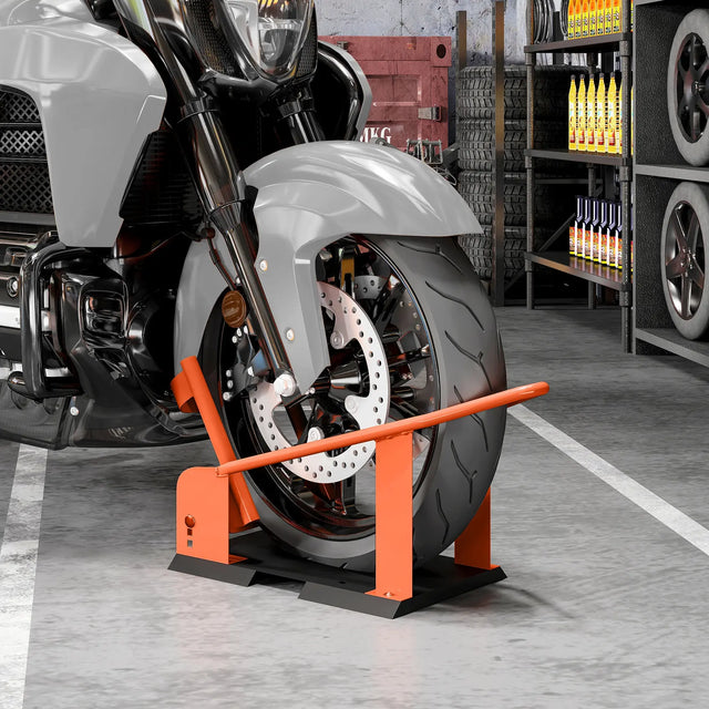 HOMCOM Motorcycle Wheel Chock, 816.5 kg Capacity Heavy Duty Steel Motorcycle Front Wheel Chock Holder with 3 Height Adjustable Holes, Fits 381-533.4 mm Wheels, Orange