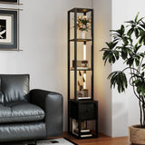 HOMCOM Floor Lamp with Shelves, LED Column Modern Standing Lamp with Fabric Drawer, Adjustable Brightness, Foot Switch for Living Room, Bedroom, Office, Black