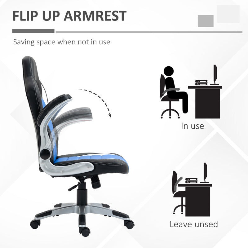 HOMCOM Computer Gaming Chair, Office Desk Swivel Chair, PU Leather Racing Chair with 90 Flip-up Armrest, Adjustable Height and Rolling Wheels, Blue