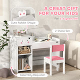 AIYAPLAY Rabbit-Themed Kids Desk and Chair Set with Bookcase, Drawers, Shelves, for Ages 3-6 Years, Whtie/Pink