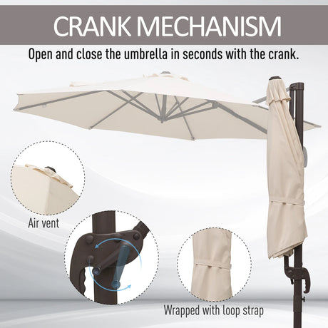 Outsunny 3M Banana Parasol Hanging Cantilever Umbrella W/ Cross Base Hand Crank Aluminium Frame 360Rotation Hand Crank-Beige
