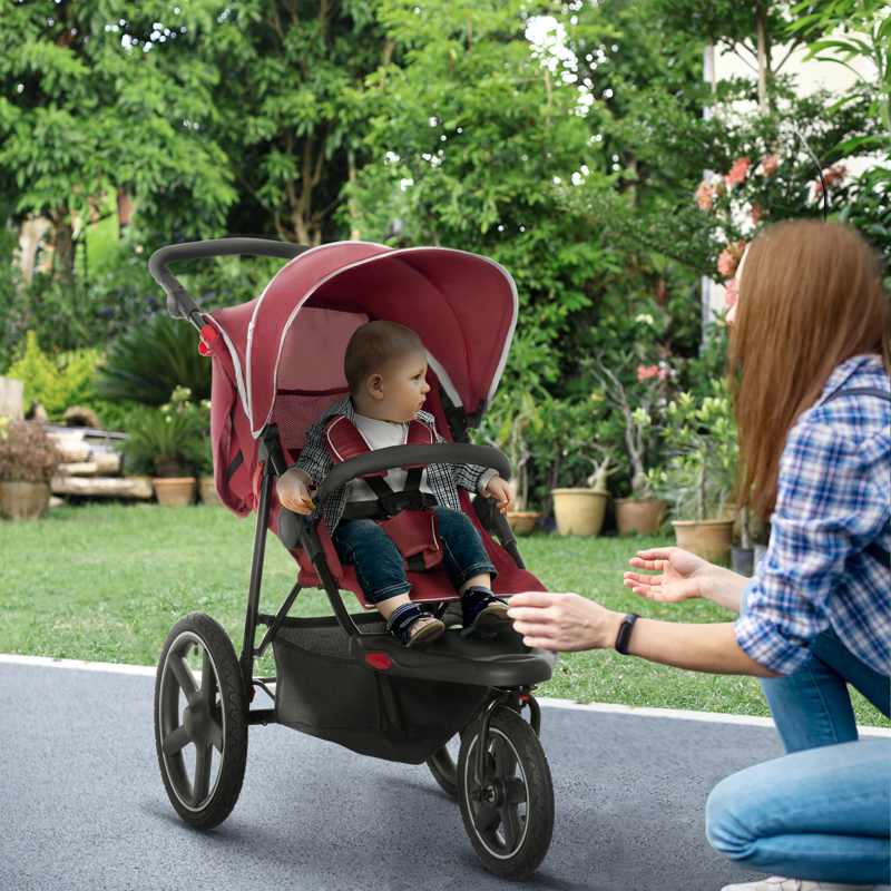 HOMCOM Foldable Three-Wheeler Baby Stroller w/ Canopy, Storage Basket - Red