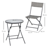 Outsunny 3 Pieces Rattan Bistro Set, Wicker Folding Garden Furniture Set with Glass Top Coffee Table and Chairs for Outdoor, Patio, Balcony, Grey