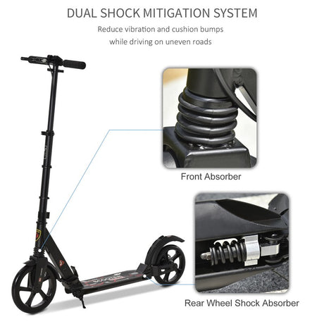 HOMCOM Kick Scooter, Folding 2 Wheel Scooter for 14+ Teens Adults, with Dual Brake System, Dual Suspension, 230mm Big Wheels, 3 Adjustable Handlebar, up to 100KG, Black