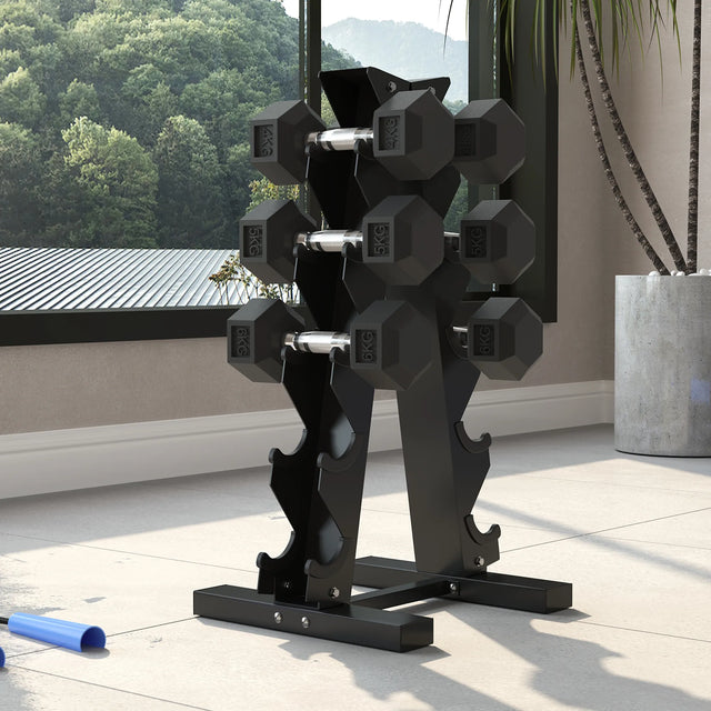 SPORTNOW 5-Tier Dumbbell Rack with 6 Hexagonal Rubber Dumbbells (2x4kg, 2x5kg, 2x6kg), Dumbbell Storage Stand Holder with Weights Sets for Home Gym Fitness, Black