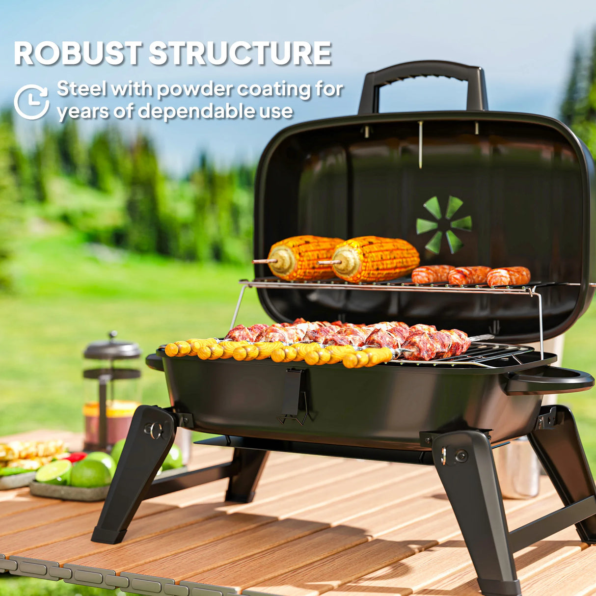 Outsunny Charcoal Barbecue Grill Folding BBQ Grill with 1232 cm2 Cooking Area, Adjustable Vent, Thermometer, Handles for Camping Picnic, Black