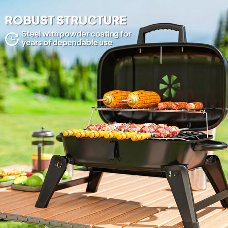 Outsunny Charcoal Barbecue Grill Folding BBQ Grill with 1232 cm2 Cooking Area, Adjustable Vent, Thermometer, Handles for Camping Picnic, Black