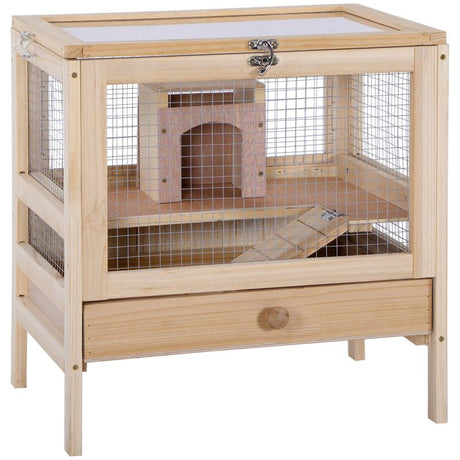 PawHut Hamster Cage Rodent Pet Small Animal Kit Large Wooden hut Box Double Layers Easy Clean 46 x 34 x 48 cm