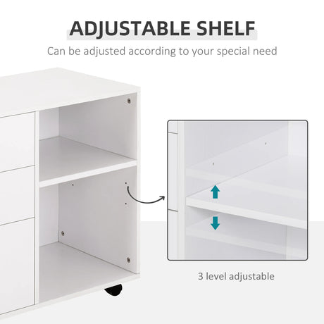 HOMCOM Freestanding Printer Stand Unit Office Desk Side Mobile Storage w/ Wheels 3 Drawers, 2 Open Shelves Modern Style 80L x 40W x 65H cm - White
