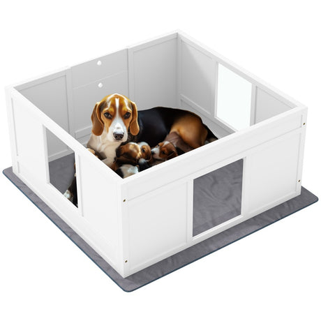 PawHut Whelping Box for Dogs with Whelping Pad, Adjustable Entrance, Non-slip Foot Pads, for Medium Dogs, 100 x 96cm