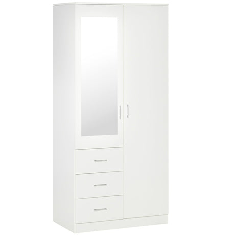 HOMCOM Modern Mirror Wardrobe 2 Door Storage Cupboards Home Storage Organisation Furniture with Adjustable Shelf, Hanging Rail and 3 Drawers, 180cm, White