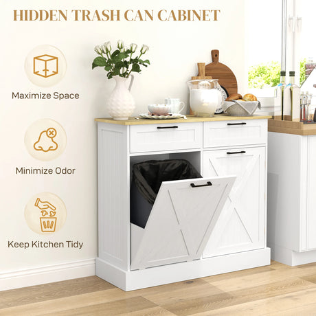 HOMCOM Sideboard with Tilt-out Trash Bin, Farmhouse Kitchen Sideboard with 2 Drawers, Adjustable Shelves, Door Racks, White