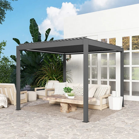 Outsunny 3 x 3(m) Electric Louvered Pergola with LED Lights, Aluminium Pergola Hardtop Gazebo with Remote, Adjustable Roof and Drainage System, Water and UV Proof