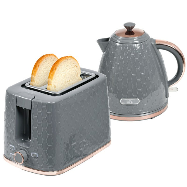 HOMCOM 1.7L 3000W Fast Boil Kettle & 2 Slice Toaster Set, Kettle and Toaster Set with Auto Shut Off, Browning Controls, Grey