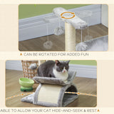 PawHut Cat Tree, Cat Tower for Kittens with Rotatable Top Bar, Sisal Scratching Post, Tunnel, Dangling Balls - Grey