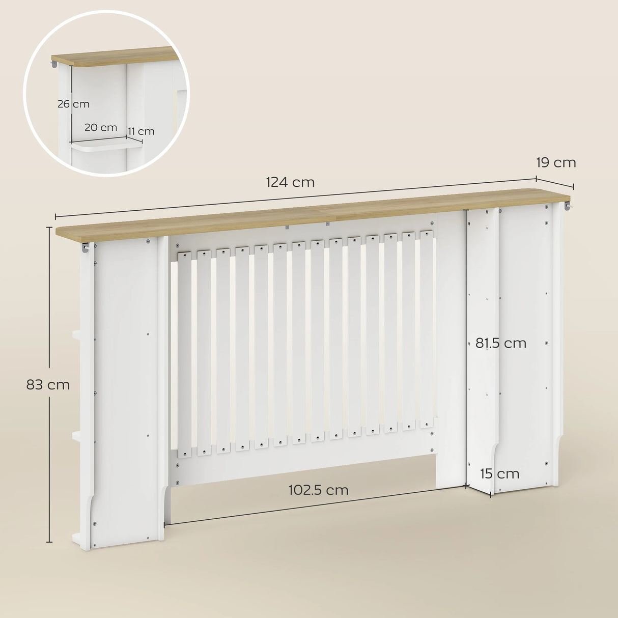 HOMCOM Radiator Cover with Open Storage Shelves, Vertical Slatted Cabinet Shelf Heater Cover for Living Room, Hallway, Large, White (H: 83 / W: 152 / D: 19 cm)