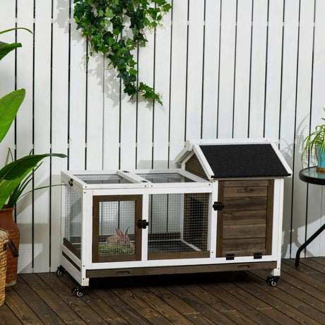 PawHut Wooden Rabbit Hutch, Guinea Pig Cage, with Removable Tray, Wheels - Brown