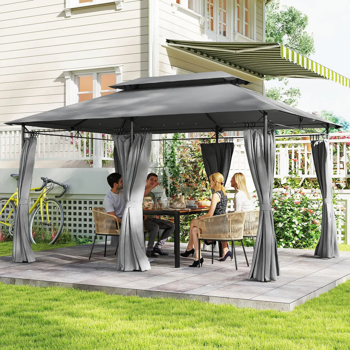 Outsunny 3 x 4m Metal Frame, Two-Tier Roof Gazebo - Dark Grey