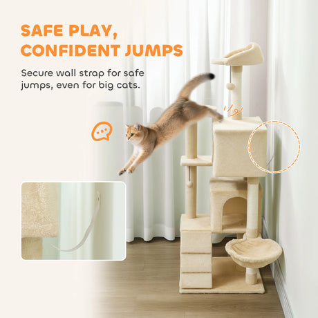 PawHut 140cm Large Cat Tree Tower with Sisal Scratching Posts, Condos, Plush Perches, Hammock, Ladder, Beige