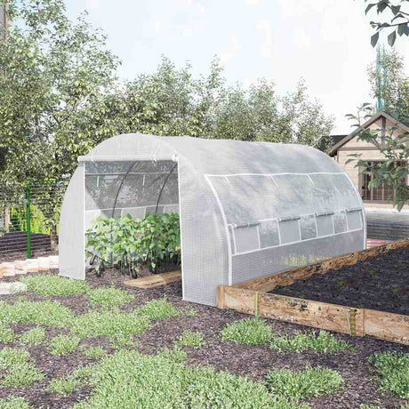 Outsunny 4 x 3 x 2 m Polytunnel Greenhouse with Roll-up Side Walls, Walk-in Grow House Tent with Steel Frame, Reinforced Cover, Zipped Door and 12 Mesh Windows for Garden, White