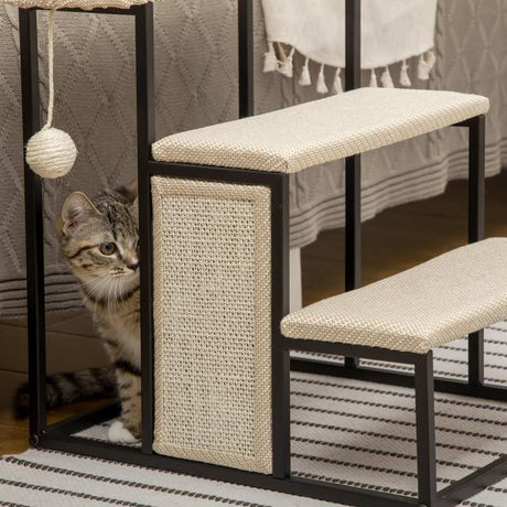 PawHut Three-Step Pet Stairs, with Sisal Scratching Board, Toy Hanging Ball, Steel Frame