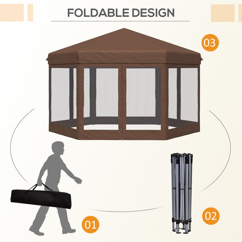 Outsunny 3.5m x 4m Hexagonal Pop Up Gazebo, Canopy Tent Sun Shelter for Patio Outdoor Party, Height Adjustable, with Mosquito Netting and Carry Bag - Brown