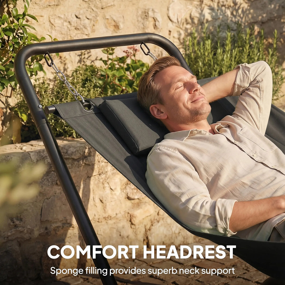 Outsunny Outdoor Hammock with Stand, Freestanding Hammock with Side Pocket, Headrest for Patio, Balcony, Porch, Dark Grey