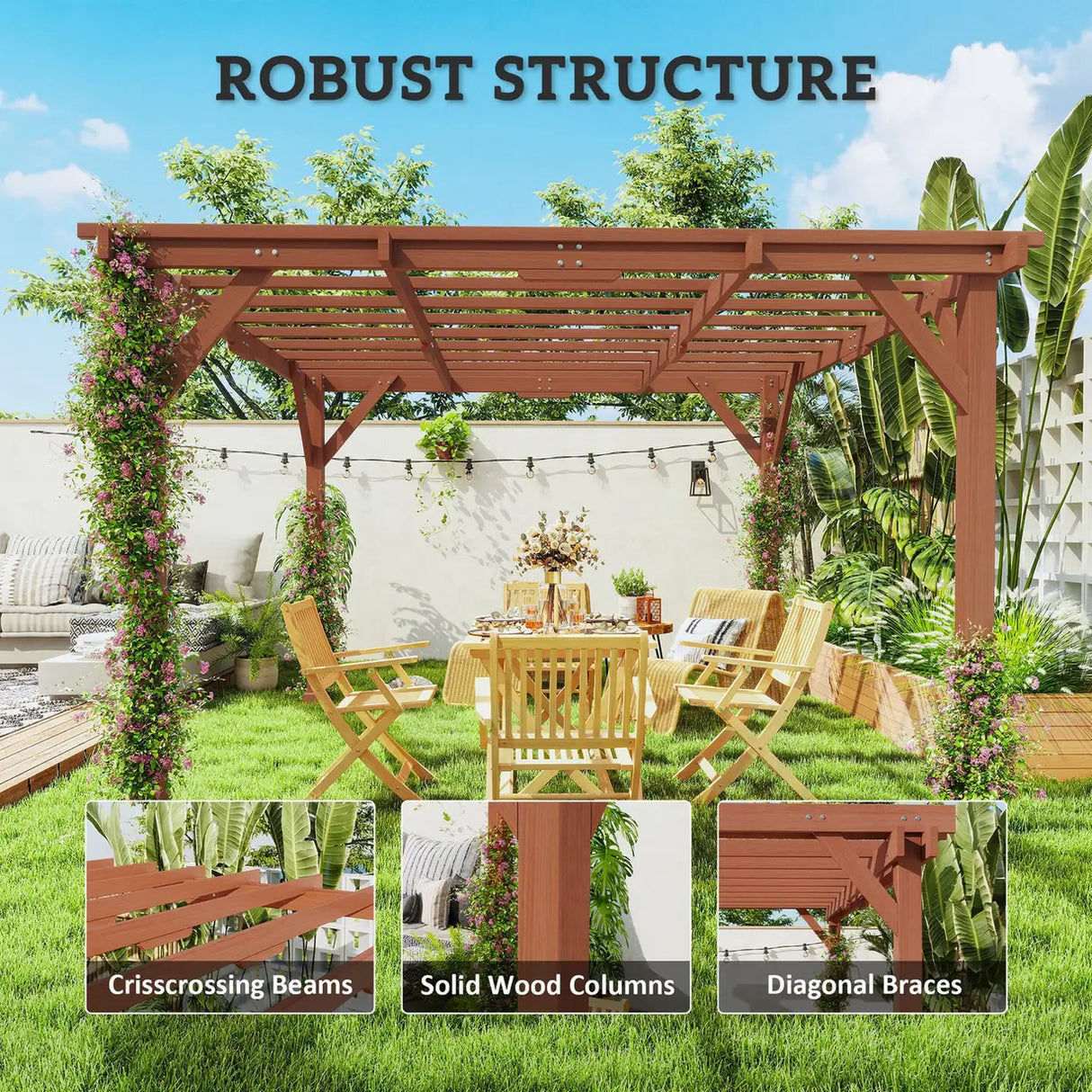 Outsunny 3.3 x 3.3 m Wooden Pergola Kit, Graden Pergola Gazebo Grape Trellis with Stable Structure for Climbing Vines, Flowers