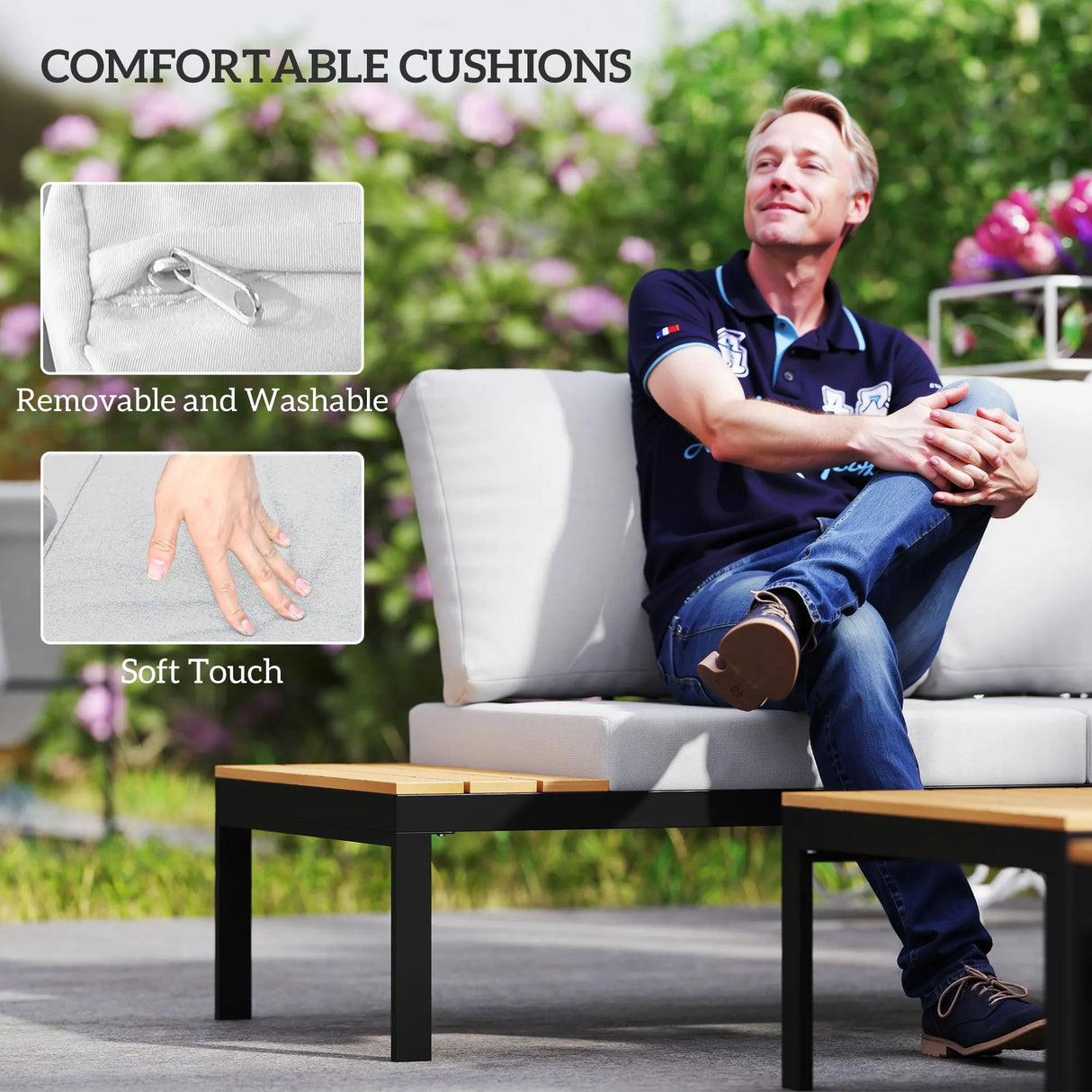 Outsunny Four-Piece Garden Corner Sofa Set with 2 Loveseats and 2 Coffee Tables - Teak