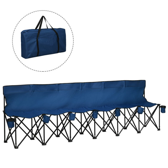 Outsunny 6 Seater Folding Bench, Outdoor Camping Chair Portable Sports Spectator Chair with Steel Frame, Cup Holder & Carry Bag, Blue