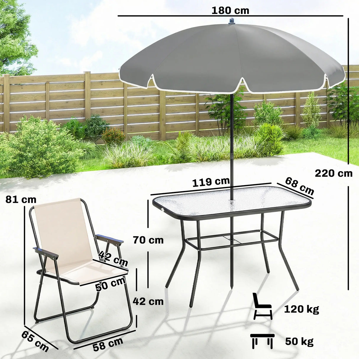 Outsunny 8 Piece Garden Dining Set with Umbrella Garden Furniture Set with 6 Folding Chairs, Tempered Glass Table for Patio Cream