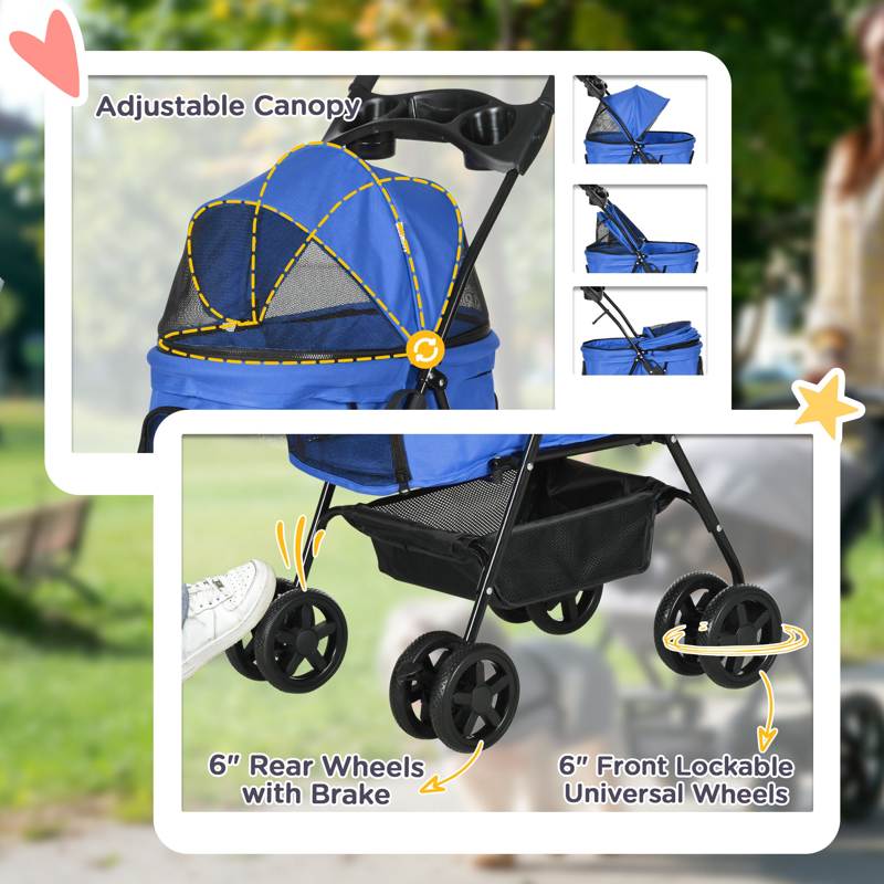 PawHut Dog Pram Dog Stroller Foldable Pet Pushchair with 4 Wheels, Safety Leashes, Cup Holder for Small Dogs, Blue