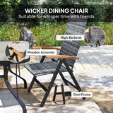 Outsunny Folding Rattan Garden Dining Chair with 5-level Reclining High Back, Wood Armrests for Outdoor, Patio - Light Grey