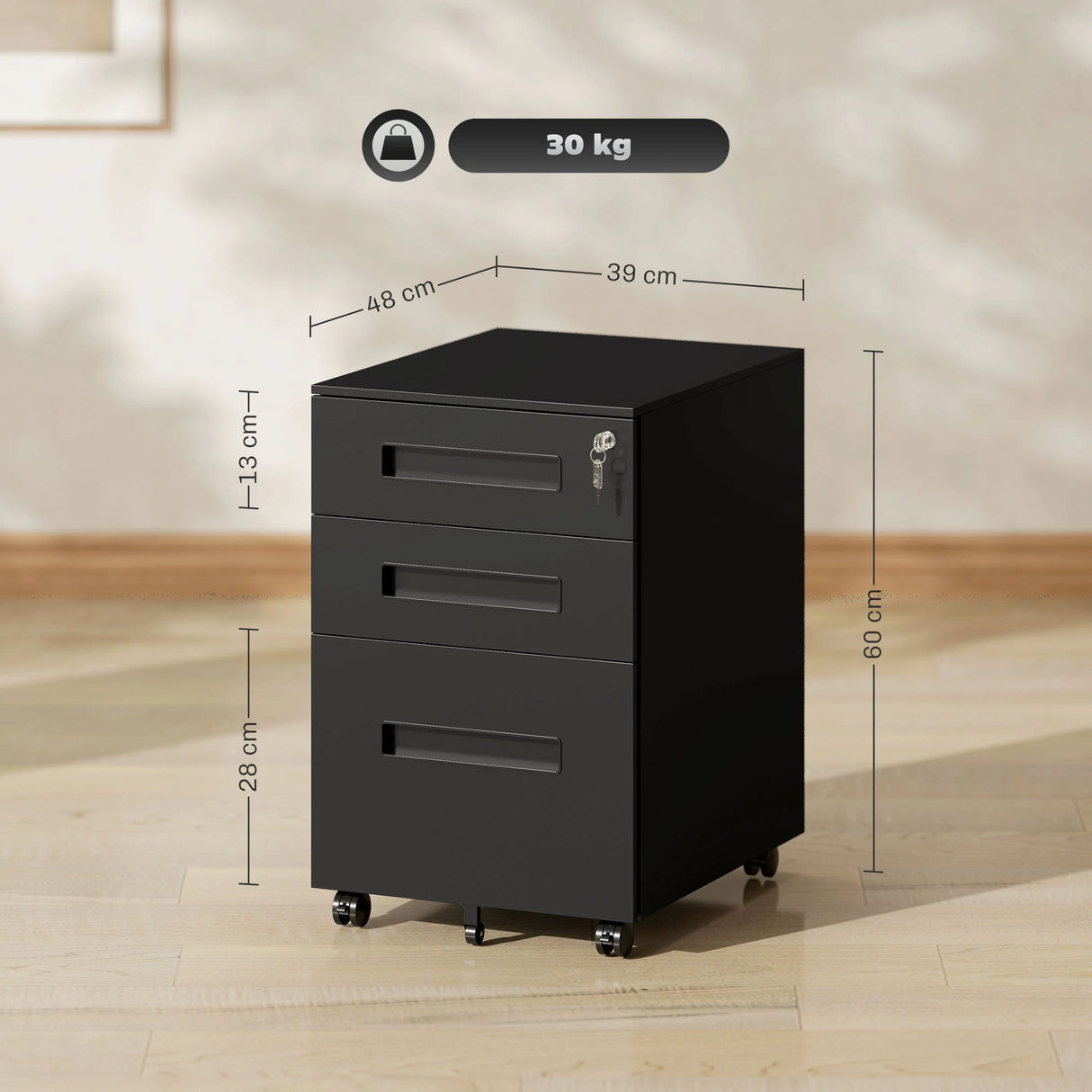 Vinsetto Three-Drawer Steel Filing Cabinet - Black