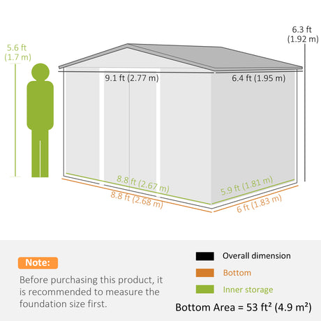 Outsunny 9 x 6ft Metal Bicycle Shed, Outdoor Storage Tool House with Ventilation Slots, Foundation Kit and Lockable Double Doors, Dark Grey