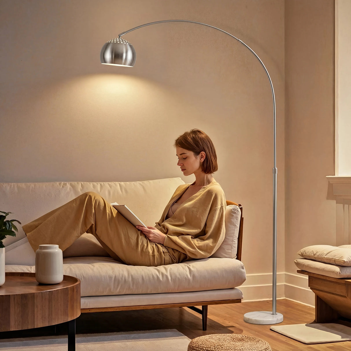 HOMCOM Arc Floor Lamp for Living Room, Modern Adjustable Standing Lamp with Faux Black Marble Base Silver Tone