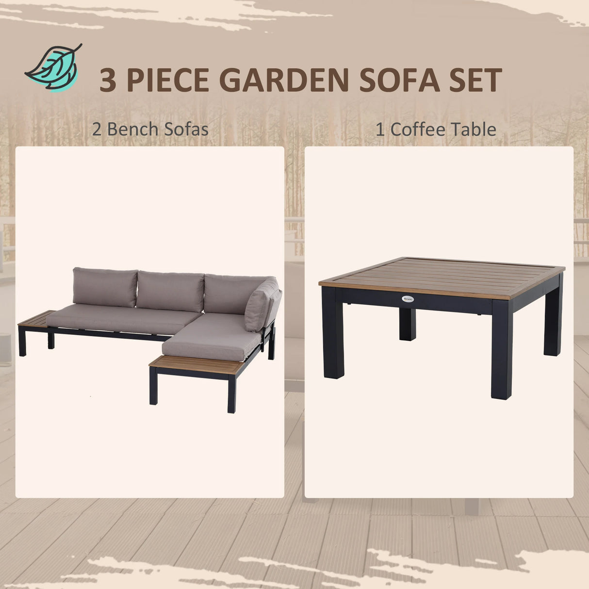 Outsunny 3 Pieces Garden Furniture Set, Aluminium 4 Seater Corner Sofa Set with 2 Loveseats, Coffee Table and Side Trays, Outdoor Conversation Furniture with Cushions for Garden, Black