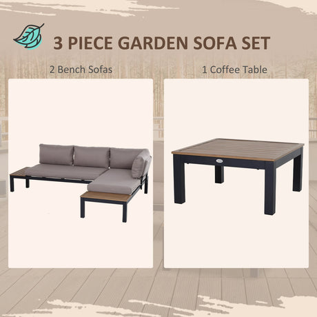 Outsunny 3 Pieces Garden Furniture Set, Aluminium 4 Seater Corner Sofa Set with 2 Loveseats, Coffee Table and Side Trays, Outdoor Conversation Furniture with Cushions for Garden, Black