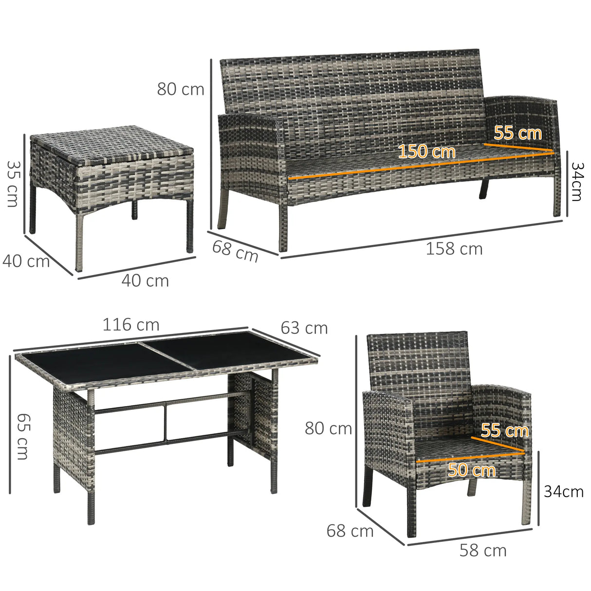 Outsunny 5 Seater Rattan Garden Furniture Set, 2 Armchairs, 3-Seater Wicker Sofa, 2 Footstools and Glass Table, 6 Piece Patio Rattan furniture Sofa Sets with Cushions for Conservatory, Mixed Grey