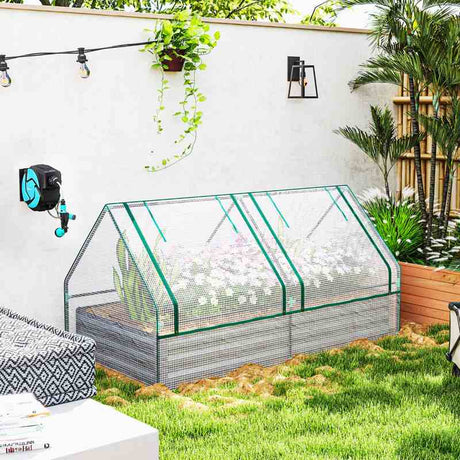 Outsunny Metal Planter Box with Cover, Raised Garden Bed with Greenhouse, for Herbs and Vegetables, White and Dark Grey