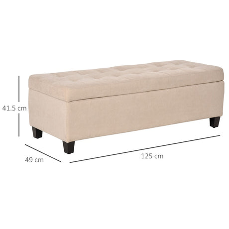 HOMCOM Linen Storage Ottoman, End of Bed Bench, Padded Footrest Seat with Tufting Design, Hinged Lid and Wood Frame 125L x 49W x 41.5H cm Beige